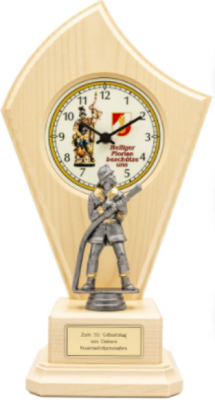 Uhr-Holz mit Feuerwehrmann